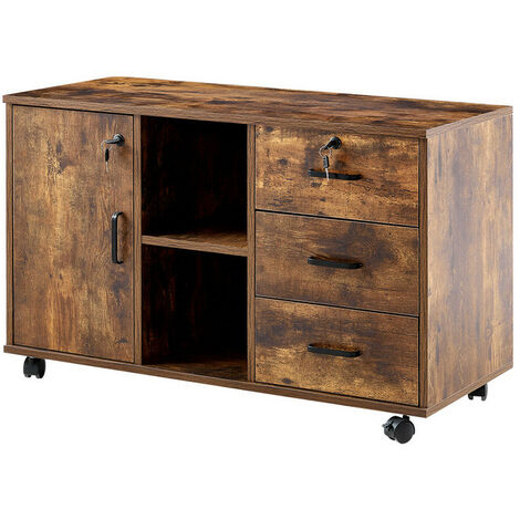 CLIPOP Caisson verrouillable à 3 tiroirs, Meuble rangement bureau avec compartiments ouverts,1 Rangement fermé,pour format A4, documents, support d'imprimante, style industriel, Marron