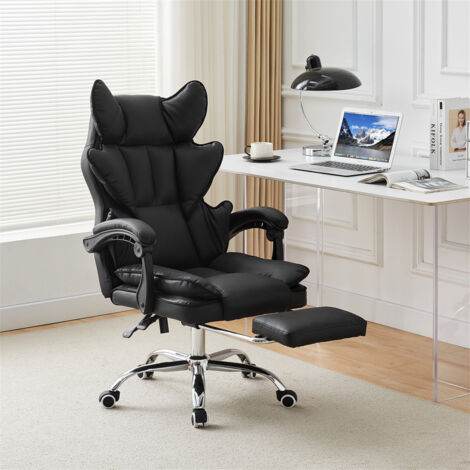 Clipop – Chaise de bureau ergonomique simili cuir noir – Dossier inclinable 90° à 135° – Hauteur réglable 44-54 cm – Repose-pieds flexible
