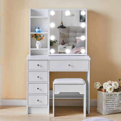 Clipop – Coiffeuse blanche avec miroir coulissant et ampoules LED – 5 tiroirs et 4 compartiments de rangement – Dimensions 80x40x130 cm