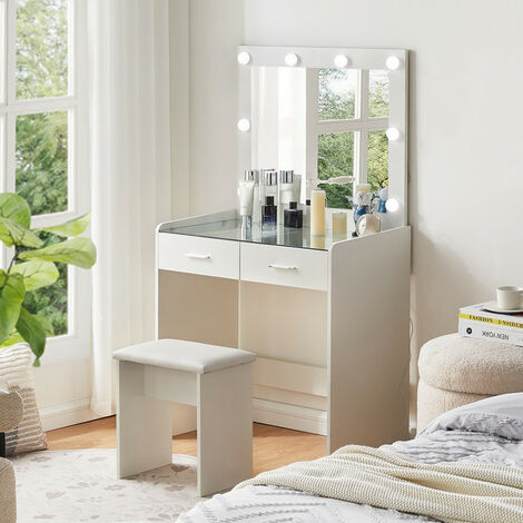 Clipop – Coiffeuse blanche avec miroir LED hollywoodien – Table en verre trempé 80x40x140 cm – 2 tiroirs 38x33x6 cm – Tabouret rembourré PU
