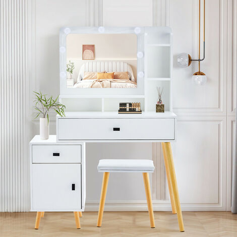 Clipop – Coiffeuse blanche avec miroir LED réglable – 6 étagères ouvertes, 2 tiroirs, armoire – Panneau MDF imperméable, télécommande USB