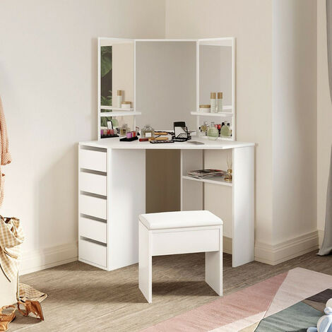 Clipop – Coiffeuse d'angle moderne avec 3 miroirs – 5 tiroirs de rangement – Panneau de particules E1 – Dimensions 114 x 61 x 140 cm
