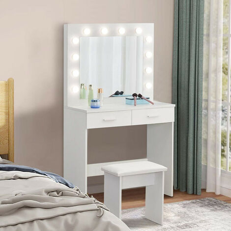 Clipop – Coiffeuse enfant avec miroir LED – 2 grands tiroirs – Plateau en MDF 18mm – Dimensions 80x40x140 cm – Tabouret inclus