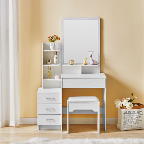 Clipop – Coiffeuse moderne avec miroir et tabouret – 4 tiroirs – 7 étagères – Dimensions 87x40x144cm – Miroir antidéflagrant à 360°