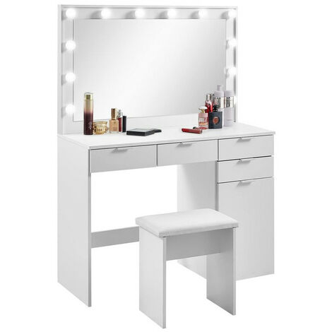 Clipop – Coiffeuse moderne avec miroir LED 90x52cm – 12 lumières réglables – 4 tiroirs et rangement – Surface blanche élégante