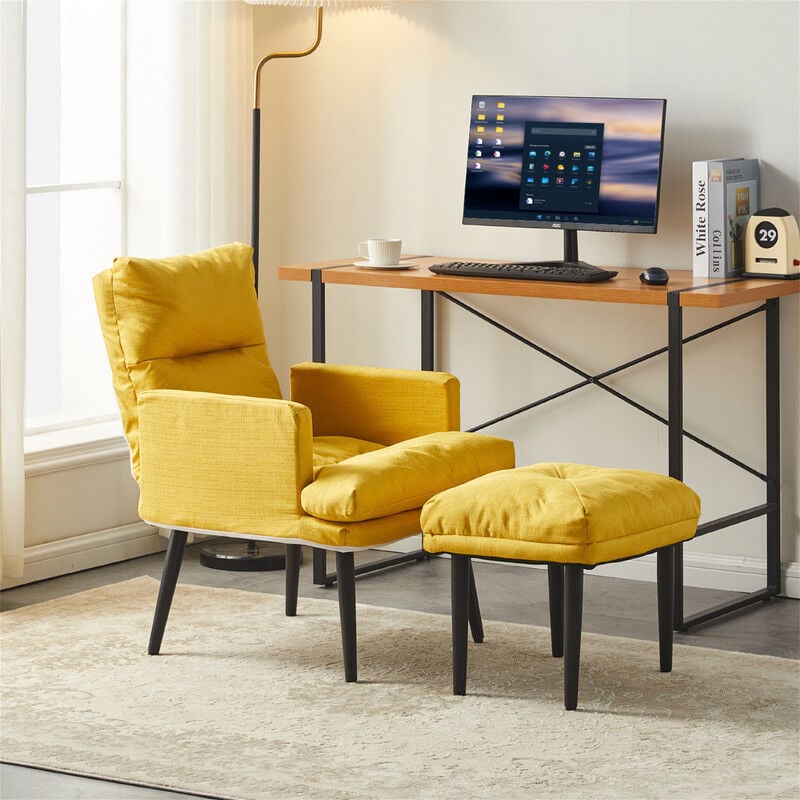 Fauteuil d'oreille avec Tabouret, tissu de lin Fauteuil de détente Moderne avec 5 Angles de Dossier réglables, jaune - Clipop
