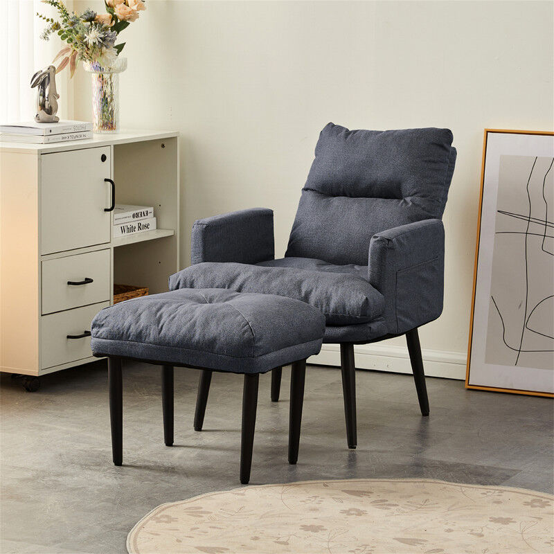 Fauteuil d'oreille avec Tabouret, tissu de lin Fauteuil de détente Moderne avec 5 Angles de Dossier réglables, gris foncé - Clipop