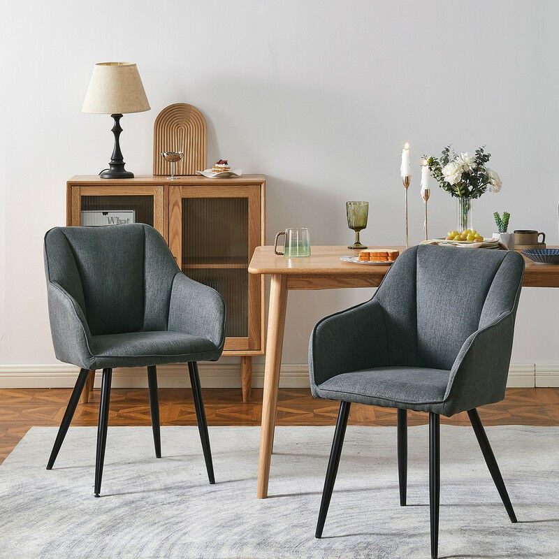 Clipop - Lot de 2 chaises de salle à manger, de cuisine, de salon, de chambre à coucher, avec accoudoirs et dossier et pieds en métal, Gris