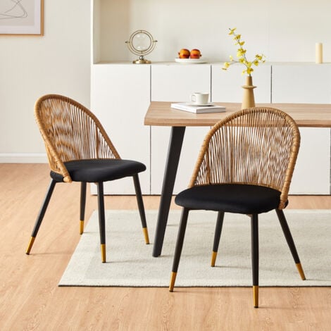 CLIPOP Lot de 2 chaises de salle à manger en rotin avec siège rembourré, accoudoirs, rétro, noir