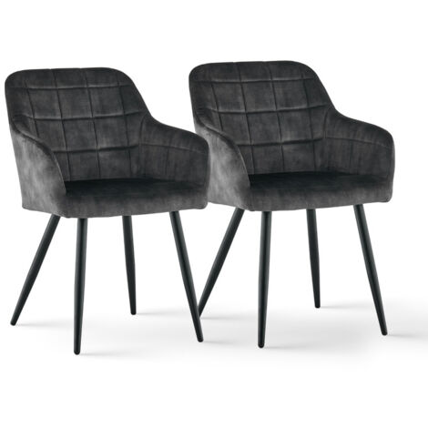 Clipop – Lot de 2 chaises de salle à manger en velours gris – Rembourrées avec accoudoirs – Dossier et pieds en métal – Dimensions L60 x W56 x H82 cm
