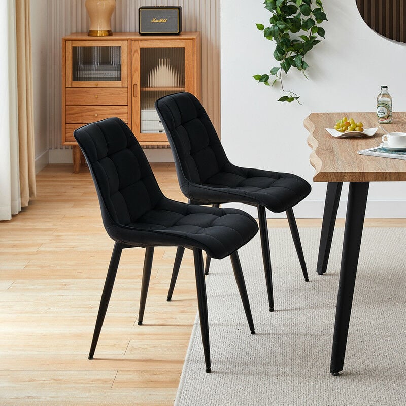 Clipop - Lot de 2 chaises de Salle à Manger rembourrées en Velours avec Dossier et Pieds en métal, pour Salon, Noir