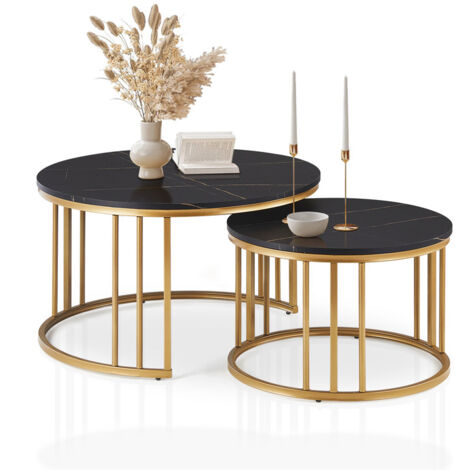 Clipop – Lot de 2 tables basses rondes empilables – Effet marbré noir – Cadre métallique doré – Dimensions 80x80x46 cm – Résistantes et étanches