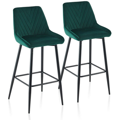 Clipop – Lot de 2 tabourets de bar rembourrés en velours – Dossier ergonomique – Pieds en métal – Hauteur d'assise 75 cm – Charge maximale 200 kg