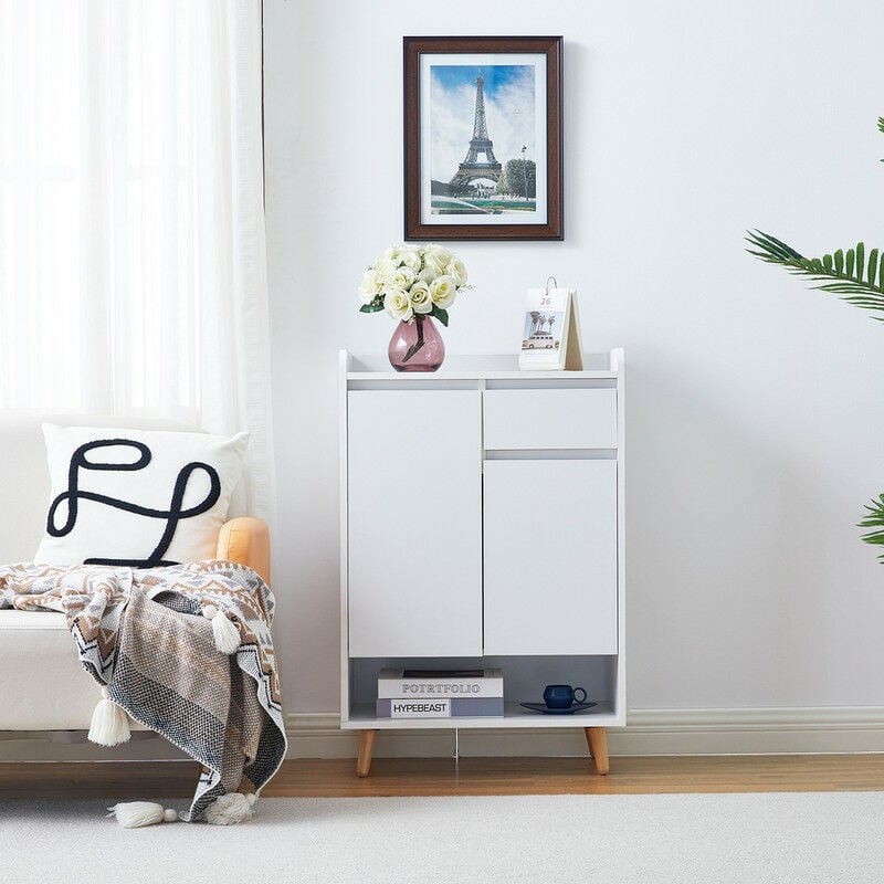 Meuble à chaussures en bois avec 2 portes - 5 niveaux - 1 tiroir et 5 étagères - Blanc - 60 cm de large - Clipop