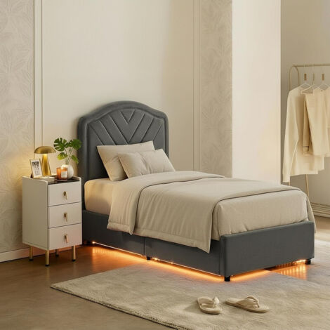 CLIPOP Single Bed Frame 90x200 cm with Velvet Headboard, Smart Adjustable LED Light, Metal Ottoman Bed Frame with Wooden Slat Support, Gas lift Under Bed Storage Grey