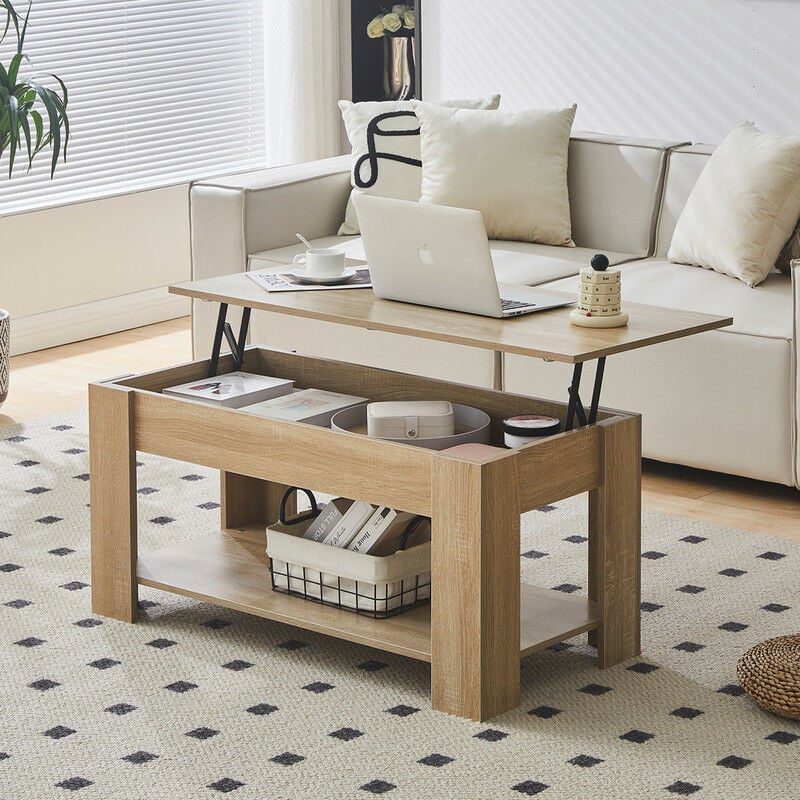 Clipop - Table basse réglable en hauteur,bois,Avec espace de rangement ouvert et caché,extensible,100 x 50 x (43-55) cm, couleur bois