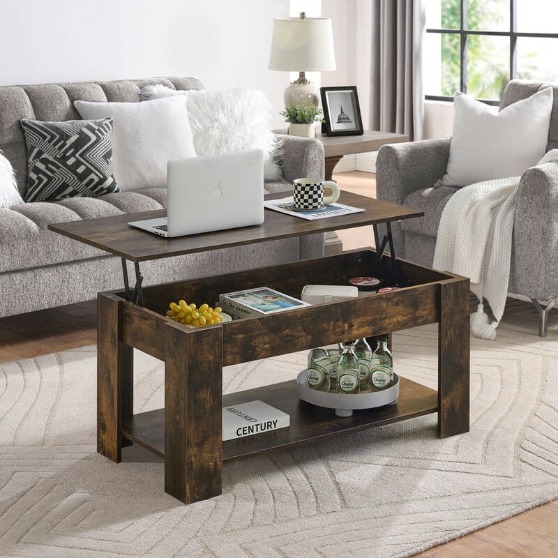 Clipop - Table basse réglable en hauteur,bois,Avec espace de rangement ouvert et caché,extensible,100 x 50 x (43-55) cm, marron