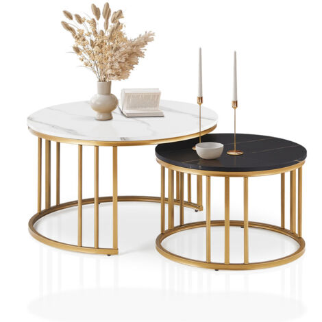 CLIPOP Table basse ronde lot de 2 à effet marbré, table d'appoint empilable avec cadre métallique doré, blanc noir