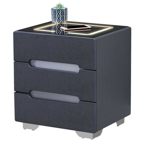 Clipop – Table de chevet avec 3 tiroirs – Lumière LED tricolore tactile – Chargement sans fil – MDF et bois massif – 50x41,5x55 cm
