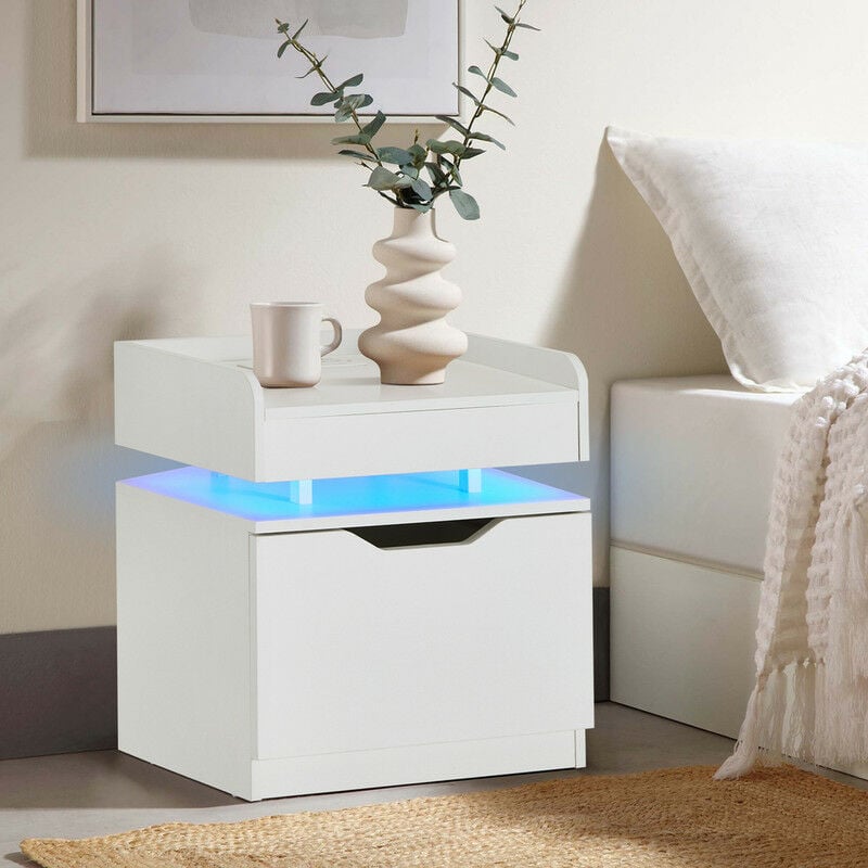Table de chevet blanche avec lumière led, 1 grand tiroir et station de charge, table de chevet avec charge usb - Clipop