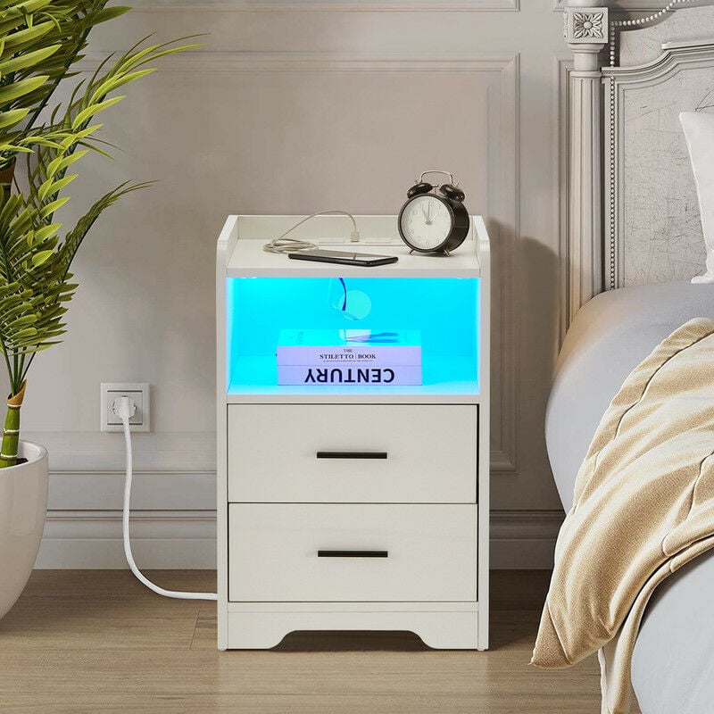 Table de chevet blanche brillante avec lumière led, 2 tiroirs de rangement et station de charge, table de chevet avec port usb - Clipop