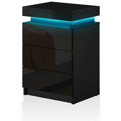 Clipop – Table de chevet moderne 3 tiroirs – Panneau de particules E1 – Dimensions 45x35x67cm – Lumières LED avec 16 couleurs – Finition brillante noire