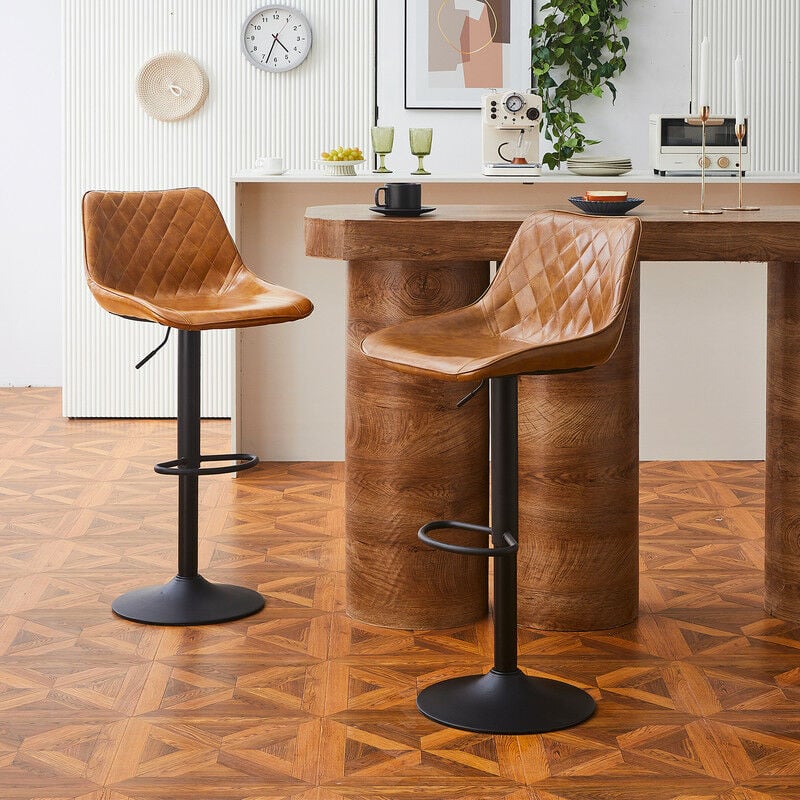 CLIPOP Tabourets de bar pivotants à 360°, lot de 2, cuir Pu, hauteur réglable, motif diamant, repose-pieds, noir