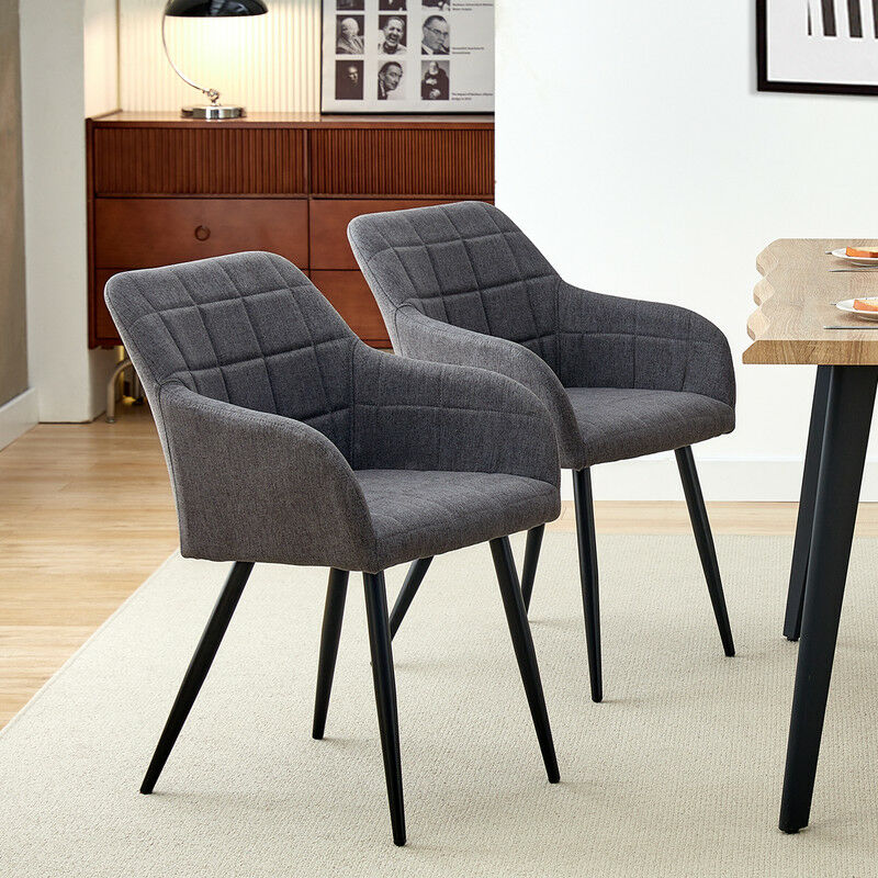 CLIPOP Lot de 2 chaises de Salle à Manger, tissu de lin Chaise rembourrée, chaise de salon Fauteuil avec pieds en métal,Gris foncé