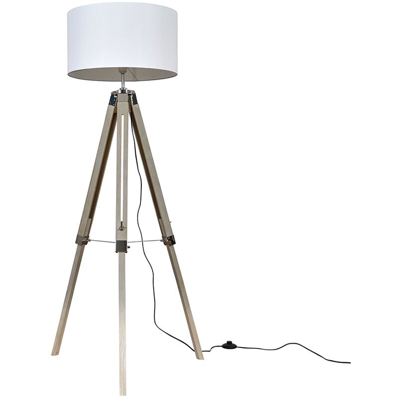 Minisun - Tripod Floor Lamp Clipper in Light Wood with Cylinder Shade - White + led Bulb