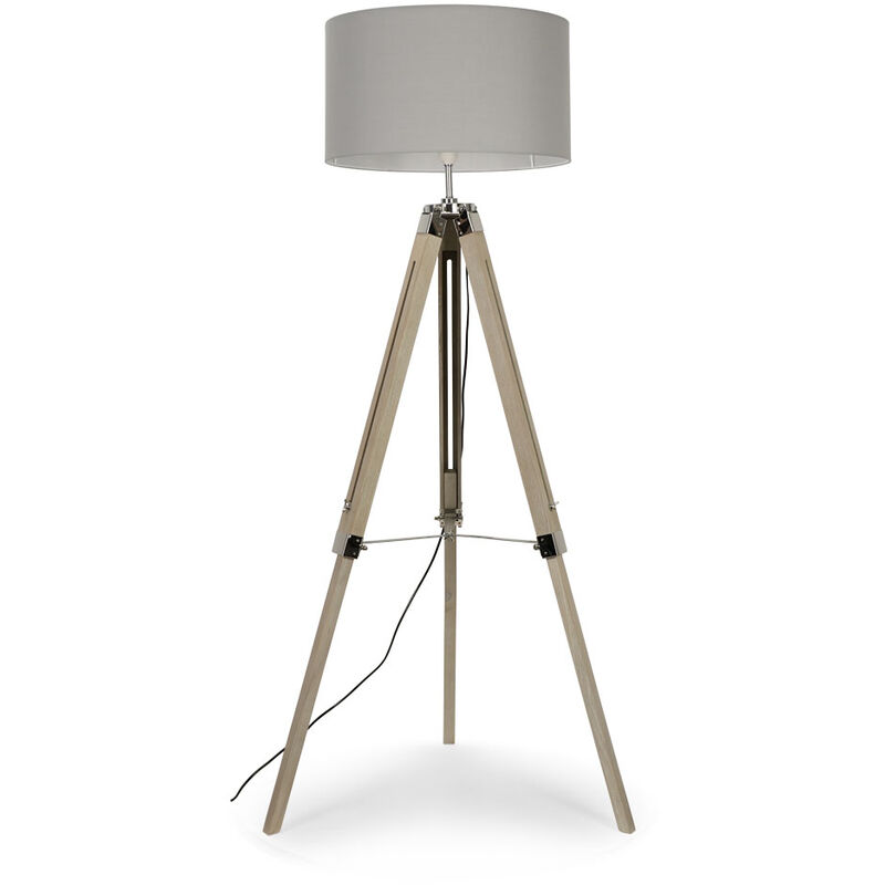 Minisun - Tripod Floor Lamp Clipper in Light Wood with Cylinder Shade - Cool Grey + led Bulb