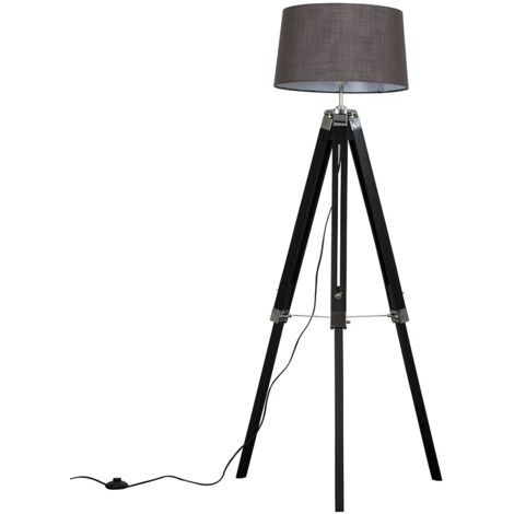 Clipper Modern Black Wood and Silver Chrome Tripod Floor Lamp with Grey Shade