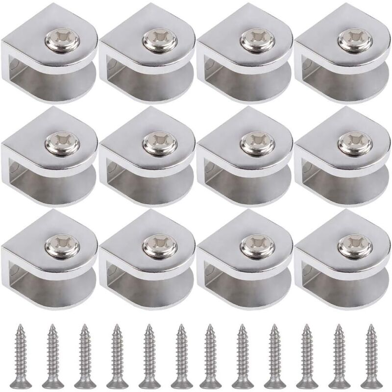 Clips Argentés pour Verre Lot de 12 Clips Réglables avec Vis, Pour Verre de 3 à 10 mm d'Épaisseur, Fixation Murale