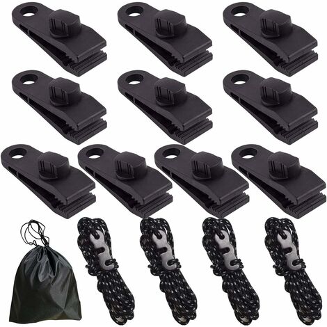 Clips Bâche Tente - Pince Multifonctions Auvents Pince & Corde de Tente Réfléchissante Ficelle de Tente pour Camping - 14PCS Noir - DKSFJKL