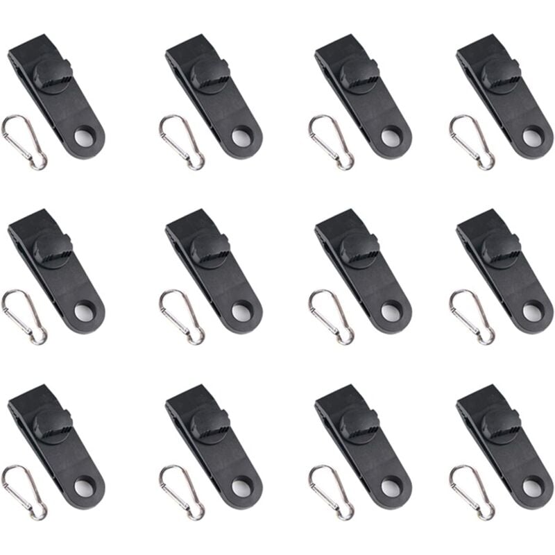 Clips de bâche de tente, 12 clips de bâche multifonctions (noir), clips de fixation pour tendeur de bâche avec œillets