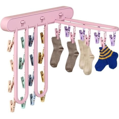 Clips de Chaussettes pour Linge,Séchoir Mural Pliable avec Clips Chaussettes,Cintre de séchage de vêtements Mural, Pinces Chaussette