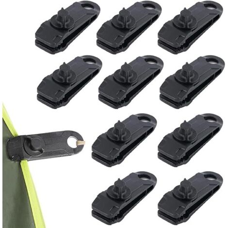 Clips de fijación multifuncionales de alta resistencia (10 unidades) para lonas, tiendas de campaña, invernaderos, toldos de coche, caravanas, amarres de piscinas y telas de sombra (negro).