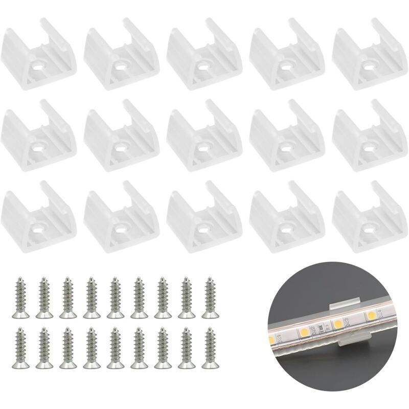Clips de fixation blancs pour rubans LED, paquet de 50, supports de fixation pour néons LED, vis incluses, adaptés aux rubans néons LED en silicone