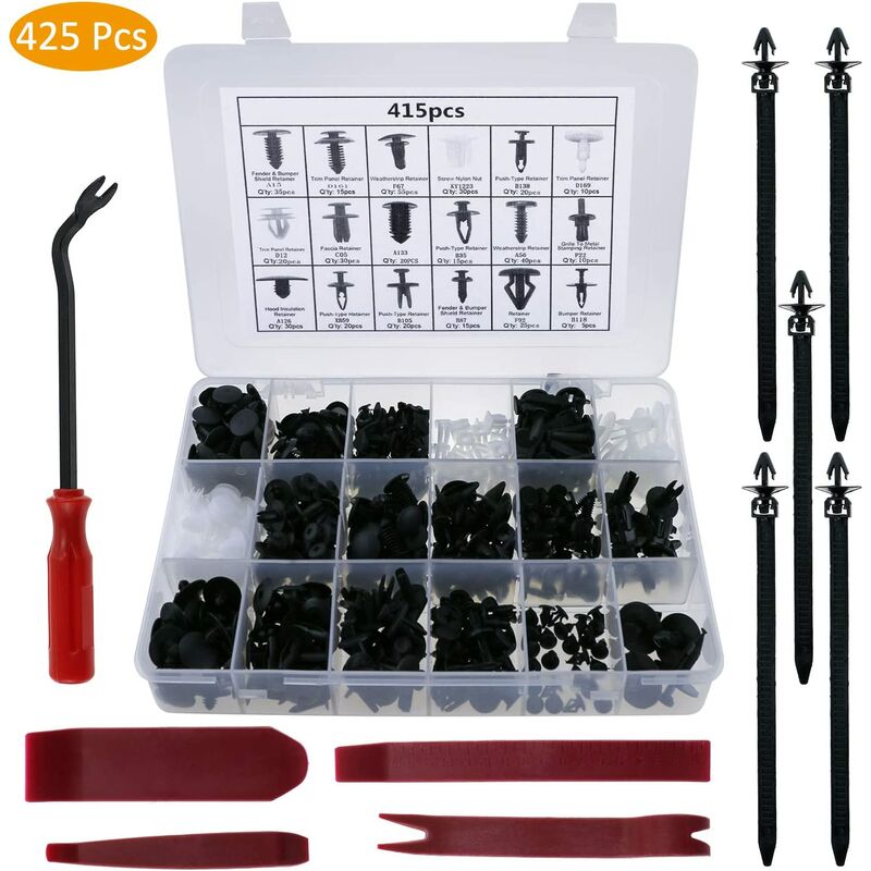 

Clips de remache de plástico de 425 piezas Clips negros de nailon con remaches universales, remaches de plástico Sujetador de protección universal