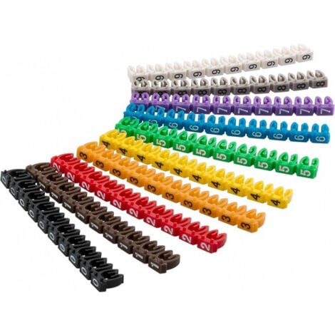 Clips d’Identification de Câbles « Chiffres 0-9 », pour un Diamètre de Câble de 2,8 - 4,6 mm, 10x 10 bagues de couleur pour l’identification des câbles d'une section de 2,5 mm². Diamètre 2.5 mm
