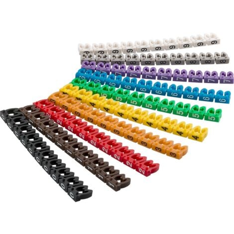 Clips d’Identification de Câbles « Chiffres 0-9 », pour un Diamètre de Câble de 3,8 - 5,9 mm, 10x 10 bagues de couleur pour l’identification des câbles d'une section de 4 mm². Diamètre 4 mm