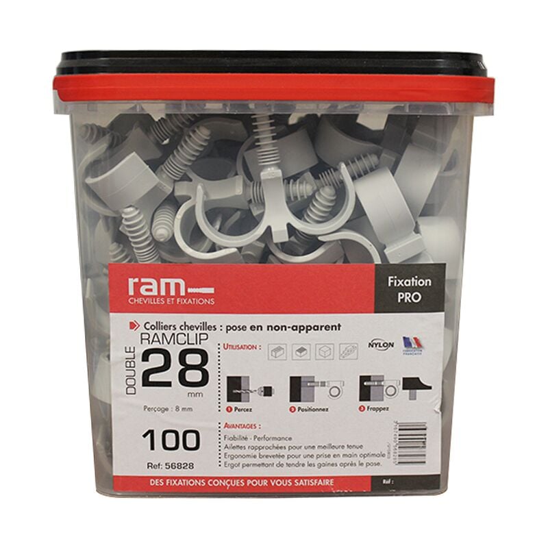 100 colliers chevilles RAM clip double gris pour tube nu Ø28 à 32 et prégainé + prégainé duo Ø16 RAM
