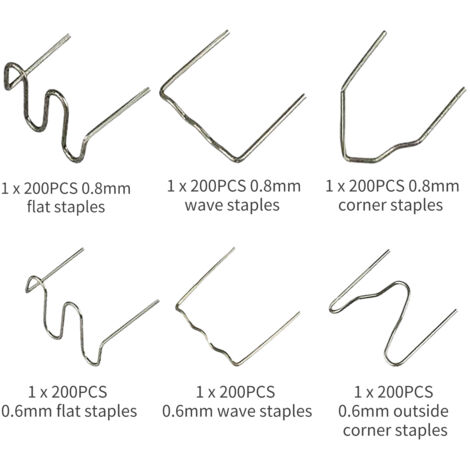 Clips termoformados para plásticos de automoción / Juego de 1200 clips de acero inoxidable de 0,6 mm y 0,8 mm (planos, corrugados, en forma de cuña) para reparaciones de parachoques y ABS-PVC
