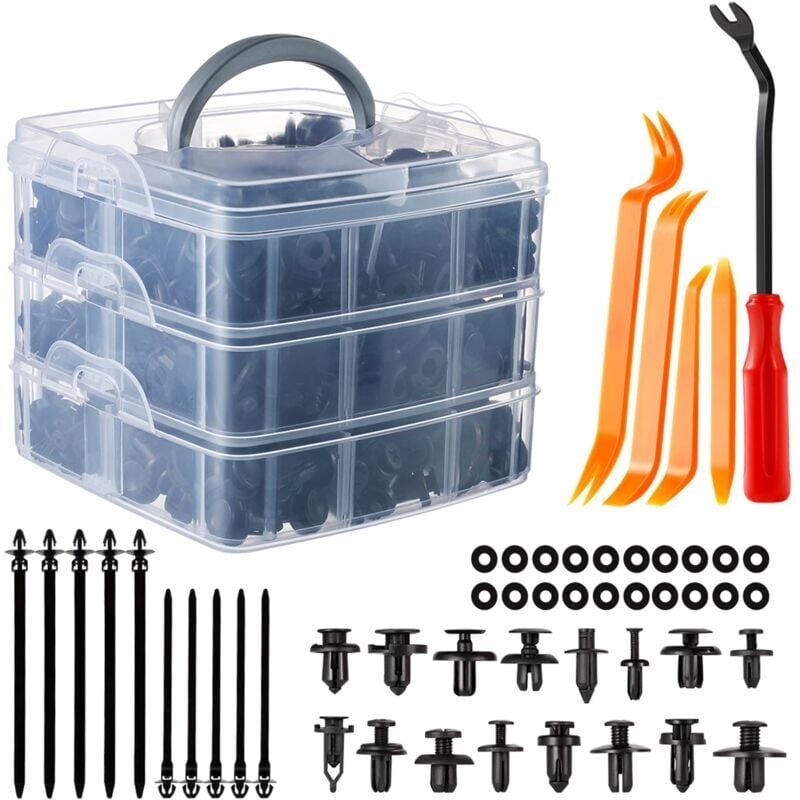 SNQ - Clips Voiture, 665 Pcs Rivet Clips Plastique Fixation Noir Universel pour Auto Voitures Panneaux Garnitures de portières avec Boîtier de