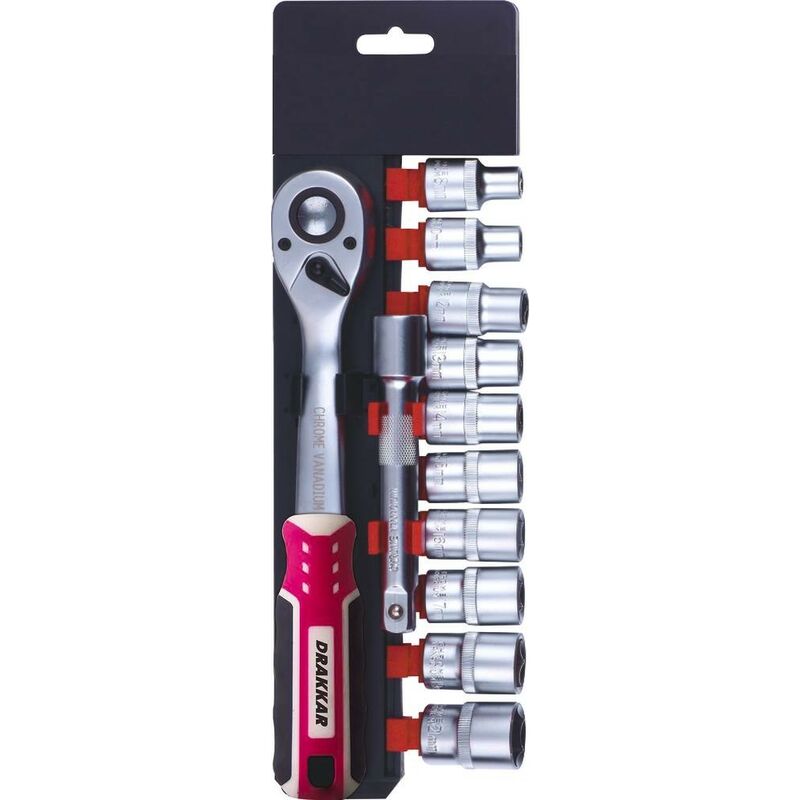 Cliquet 1/2" 72 dents avec 10 douilles de 10 à 24mm DRAKKARTOOLS 67596et rallonge - présentoir de 12pc