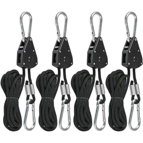 Cliquet à corde 4 brins 2,4 m, roue métallique intégrée, crochet de remorquage avec mousqueton, cliquet réglable pour câble et corde, noir