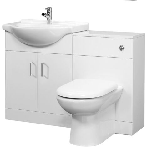 Cloakroom Furniture Pack - Cabinet, Round Basin, WC Unit, Concealed Cistern, Back to Wall Pan and Soft Close Seat - Gloss White