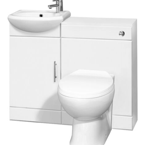 Cloakroom Furniture Pack - Includes Cabinet, Basin, WC Unit, Cistern, Back to Wall Toilet Pan and Soft Close Seat - Gloss White