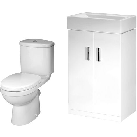 Cloakroom Suite - Floor Standing Vanity Basin Unit, Toilet and Seat - Gloss White