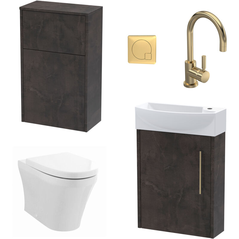Power Cloakroom Bundle - Left Wall Hung Vanity Unit, Concealed Cistern wc Unit, Toilet & Tap, 440mm - Slate/Brass Balterley
