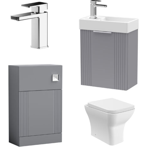 Cloakroom Suite - Wall Hung Basin Unit, Toilet & Tap - Grey/Chrome